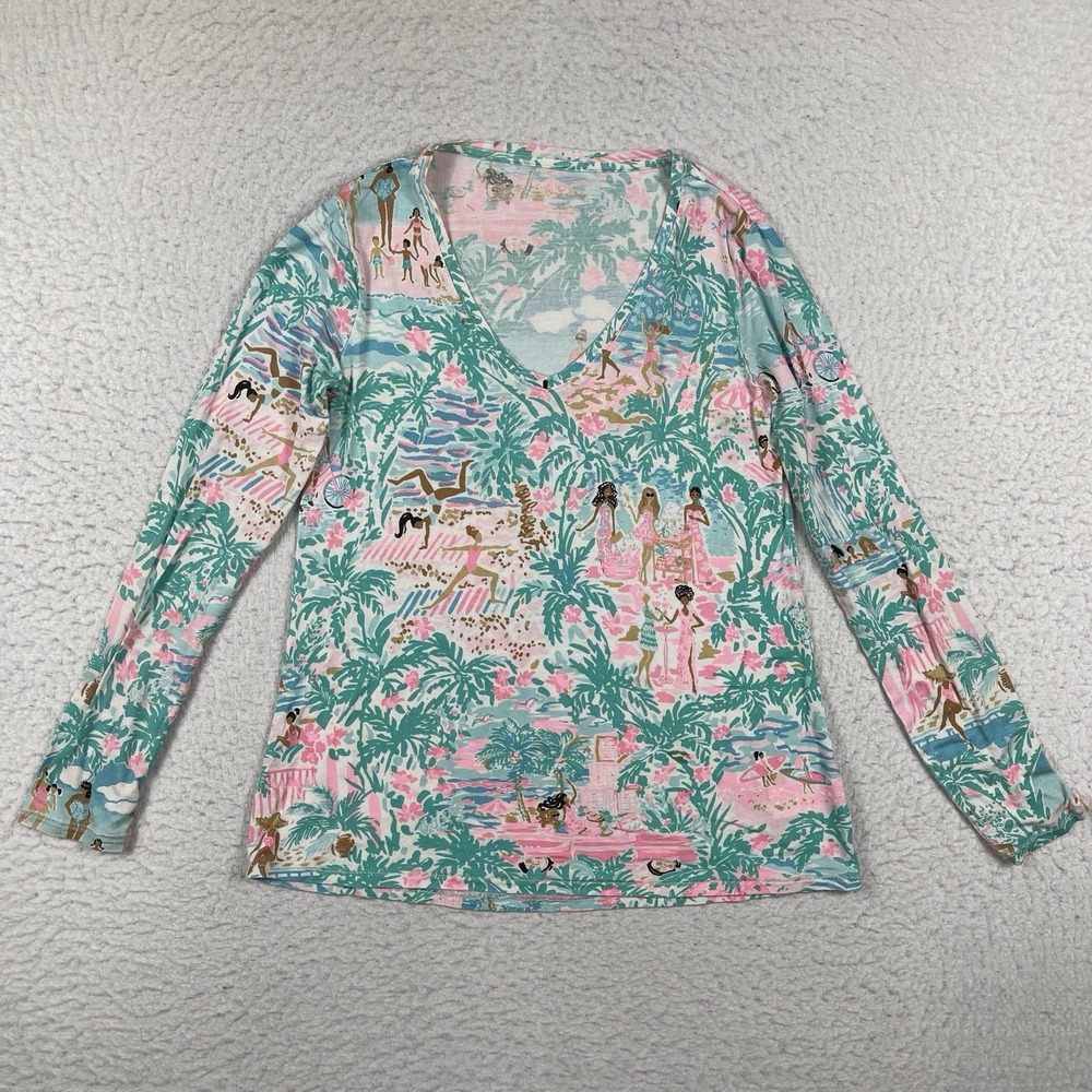 Lilly Pulitzer Long Sleeve Top Womens XXS Multi Tropical Beach Yoga V-Neck Shirt